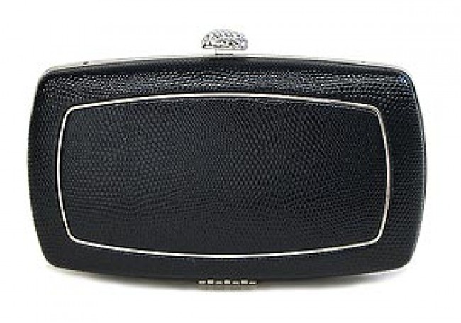 Evening Bag - Lizard Skin Like Embossed w/ Swarovski Crystal Accent Closure - Black - BG-HPZ656B